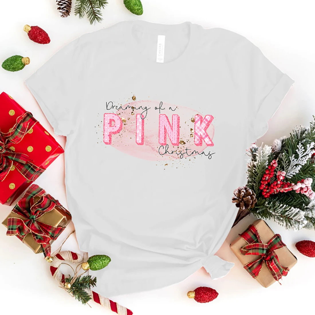 Dreaming For A Pink Christmas Print Short Sleeve T Shirts Men Shirts Summer Short Sleeved Male T-Shirts Comfy Soft Shirts