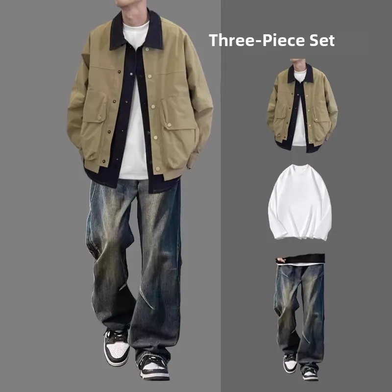 

Casual Trendy Loose Fit Denim Jaet Set Fake Two-Piece Collared Men's Outerwear Spring Autumn Season Long Sve Pants