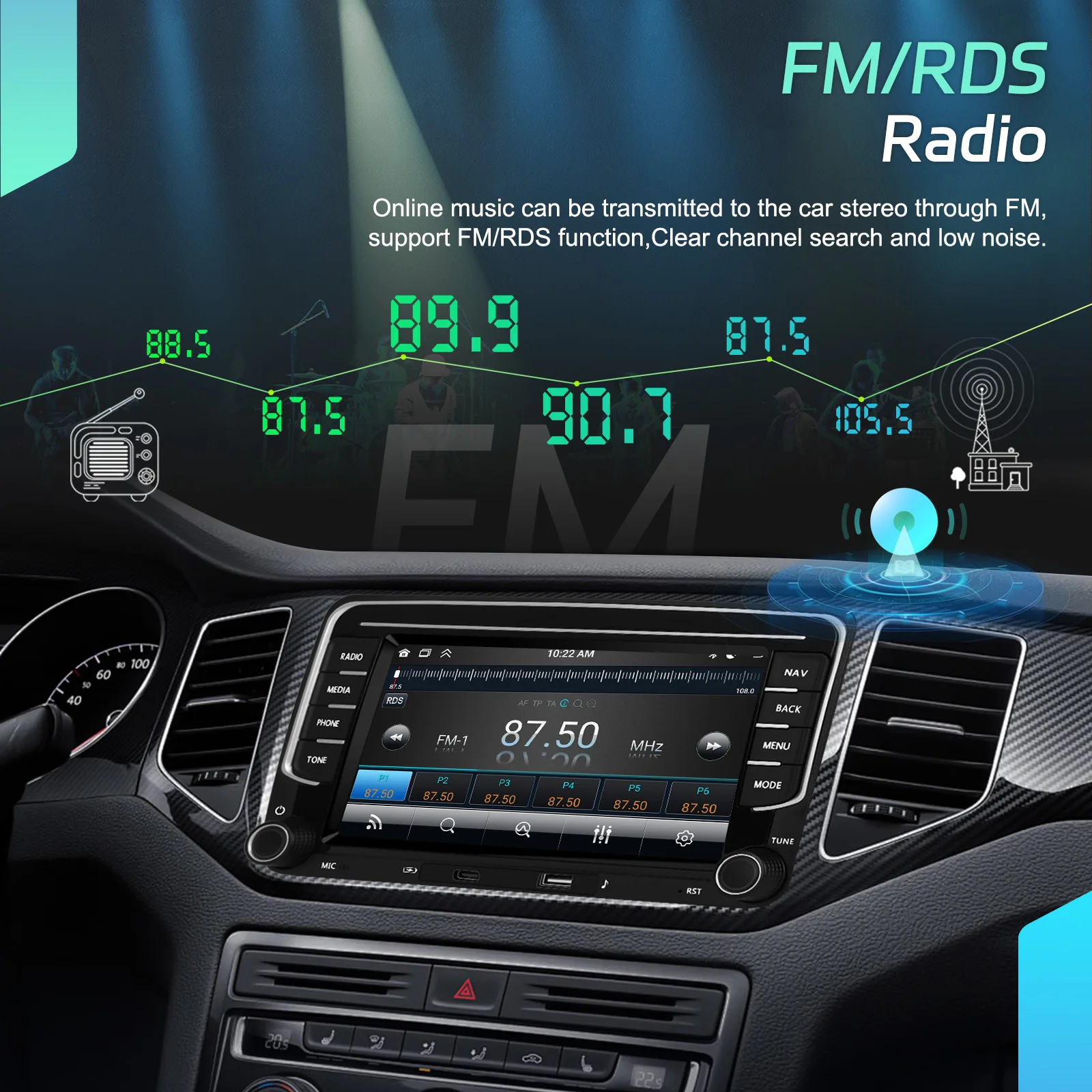 Podofo 7-Zoll-Android-Autoradio mit 6+128G Speicher für VW, Seat, Skoda, kabelloses Carplay, Android Auto, GPS-Navigation, WiFi, Mirror Link, Bluetooth 5.0, Lenkradsteuerung, EQ, FM/RDS, geteiltem