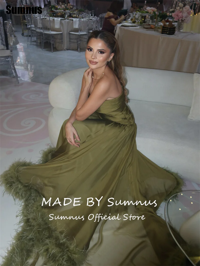 Sumnus エレガントな A ライン プロムドレス シフォン プリーツ ストラップレス フェザー マキシ イブニング ドレス トレイン付き Vestidos カスタマイズ