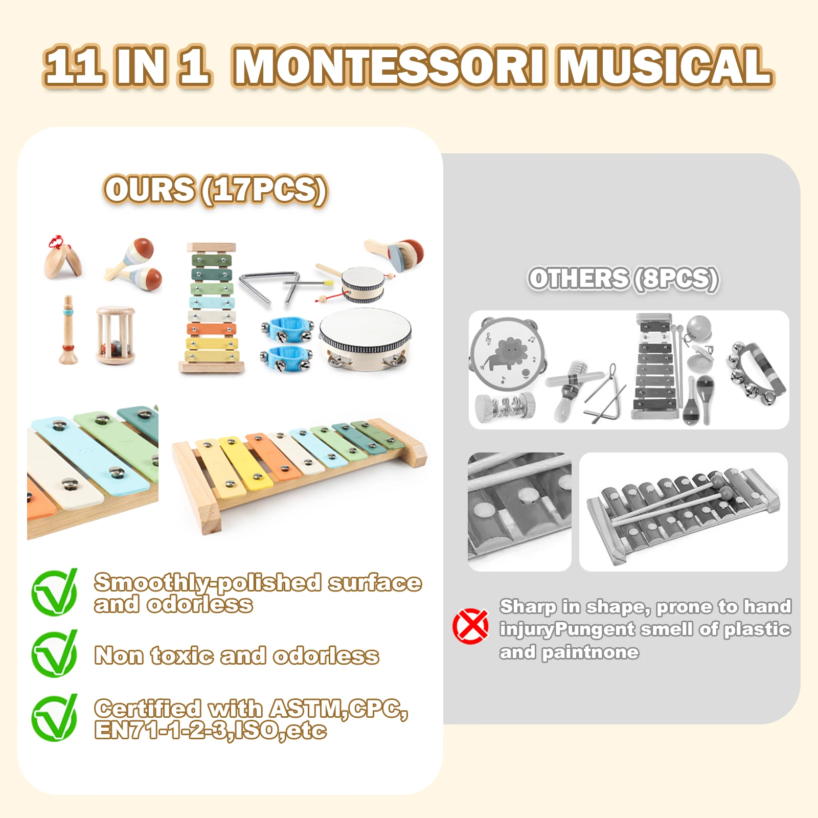 ชุดเครื่องดนตรีเด็ก 11 ชิ้นใน 1 ชุด, เครื่องดนตรีเคาะจังหวะทำจากไม้ ของเล่นสำหรับเด็กเล็ก เด็กก่อนวัยเรียน ชุดของเล่นดนตรีเพื่อการศึกษาสำหรับเด็ก B