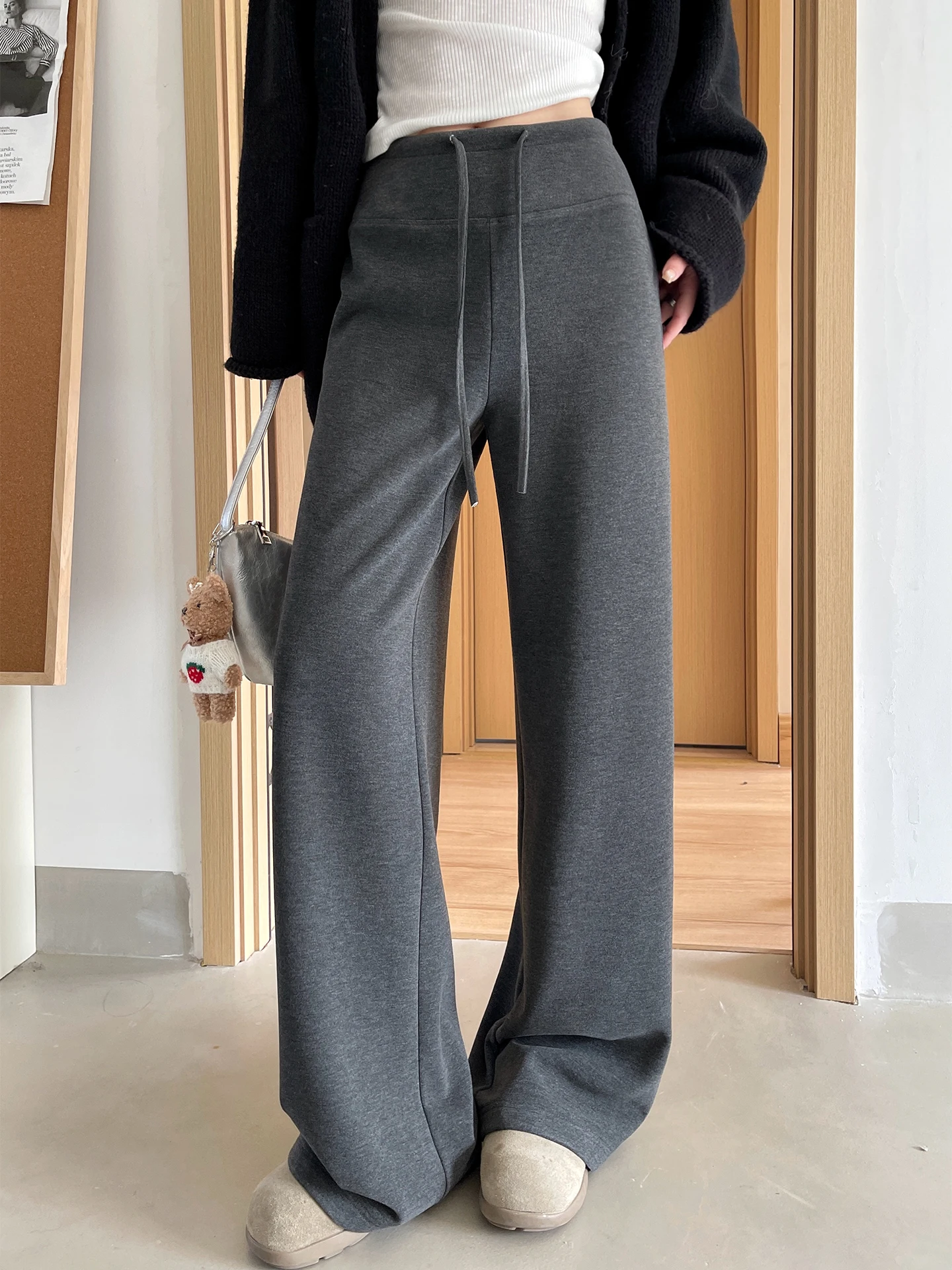 ارتفاع الخصر الصوف بنطال ذو قصة أرجل واسعة المرأة اليوغا بنطال رياضي Bla التخسيس مستقيم قطع سراويل تقليدية خريف شتاء جديد Sle