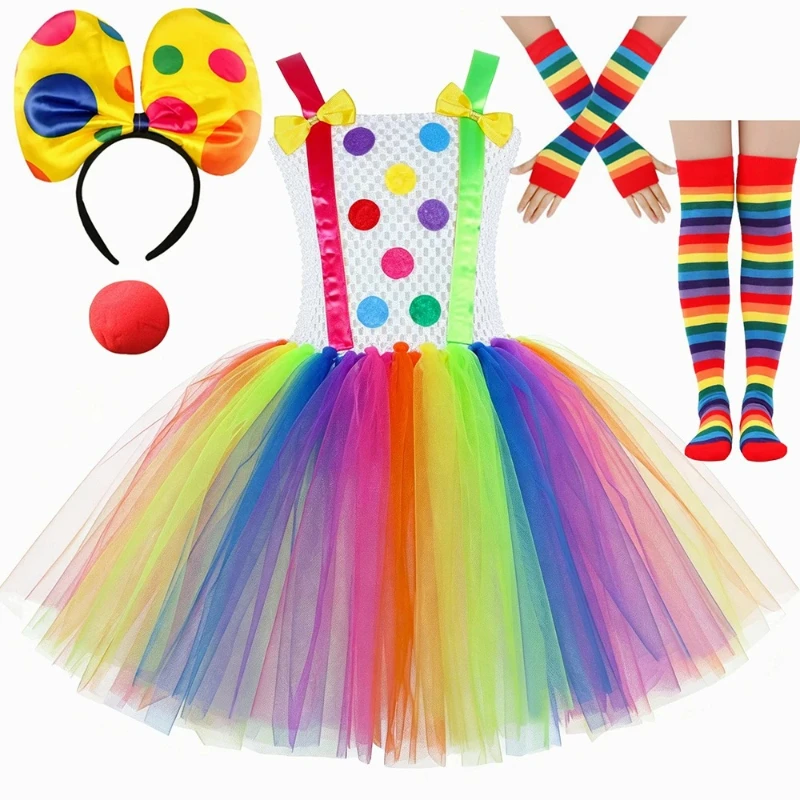 Vibrant Rainbow Joker Themed Layered Tulle Outfit Circus Style Fluffy Bottom for Halloween Banquet Talent Show Carnival Costume