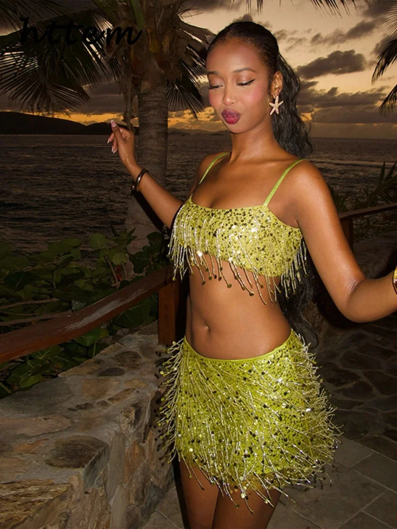 Conjunto de Falda Corta y Camisola con Lentejuelas, Sexy y Moderno, Estilo Europeo y Americano, para Fiestas de Verano