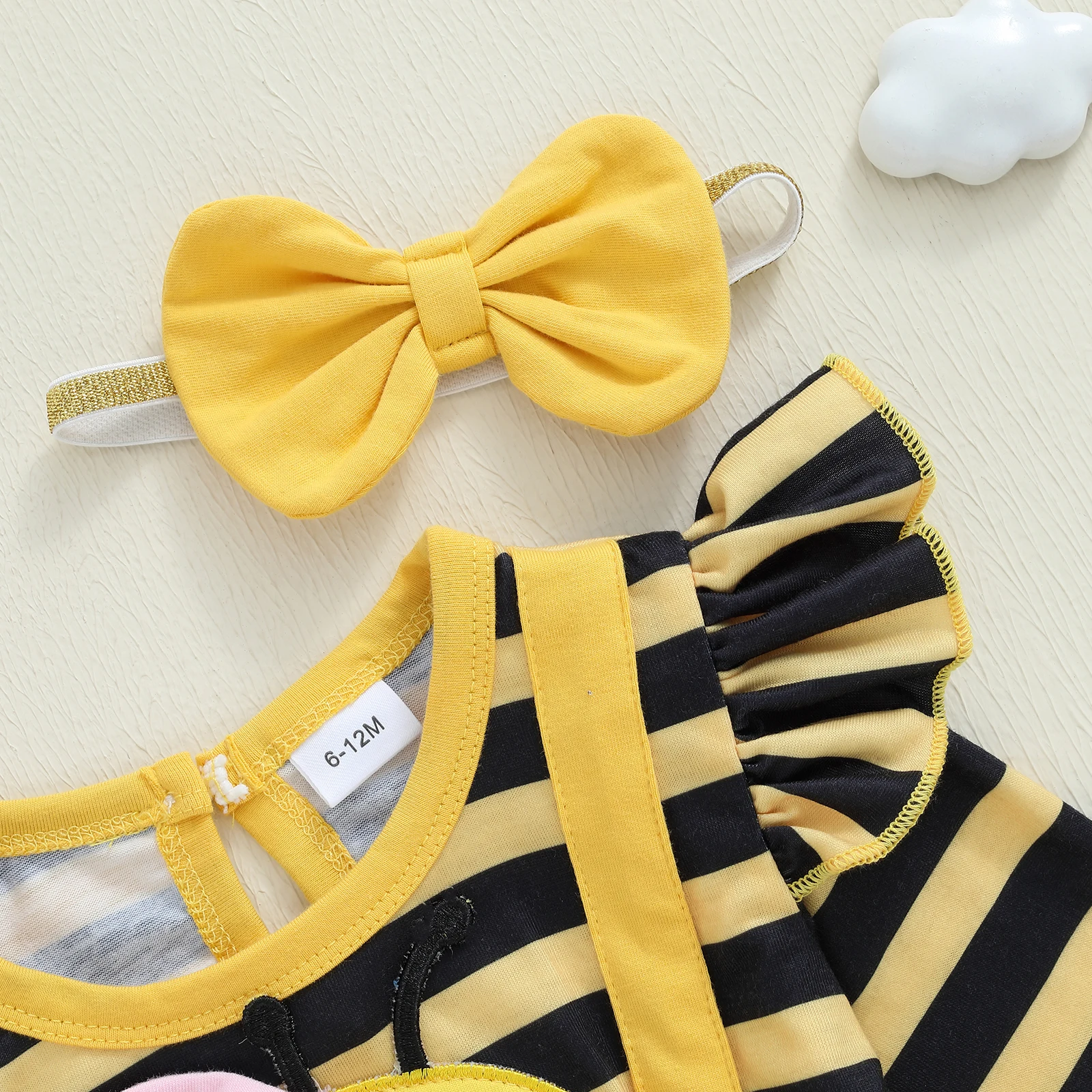 طقم ملابس خريفي للفتيات الرضع من عمر 0 إلى 18 شهرًا بأكمام طويلة مطرز بالنحلة مع عصابة رأس على شكل فيونكة