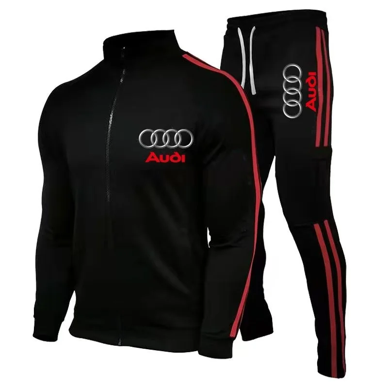 Audi Printed Men's Zipper Hoodie Set Car Fans Street Spring and Autumn Outdoor Cycling Motorcycle Protective Set Two Piece Set