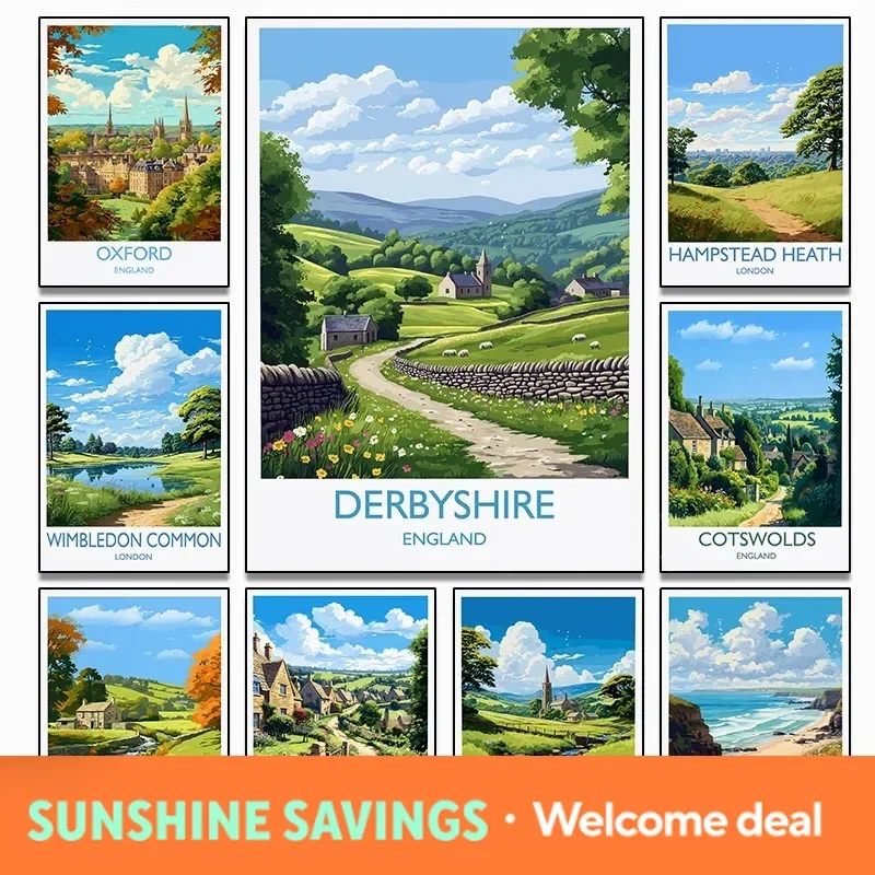 Retro UK Travel England Cornwall,Cotswolds,Yorkshire Dales Country Landscape Poster Canvas Painting Wall Art Pictures Home De