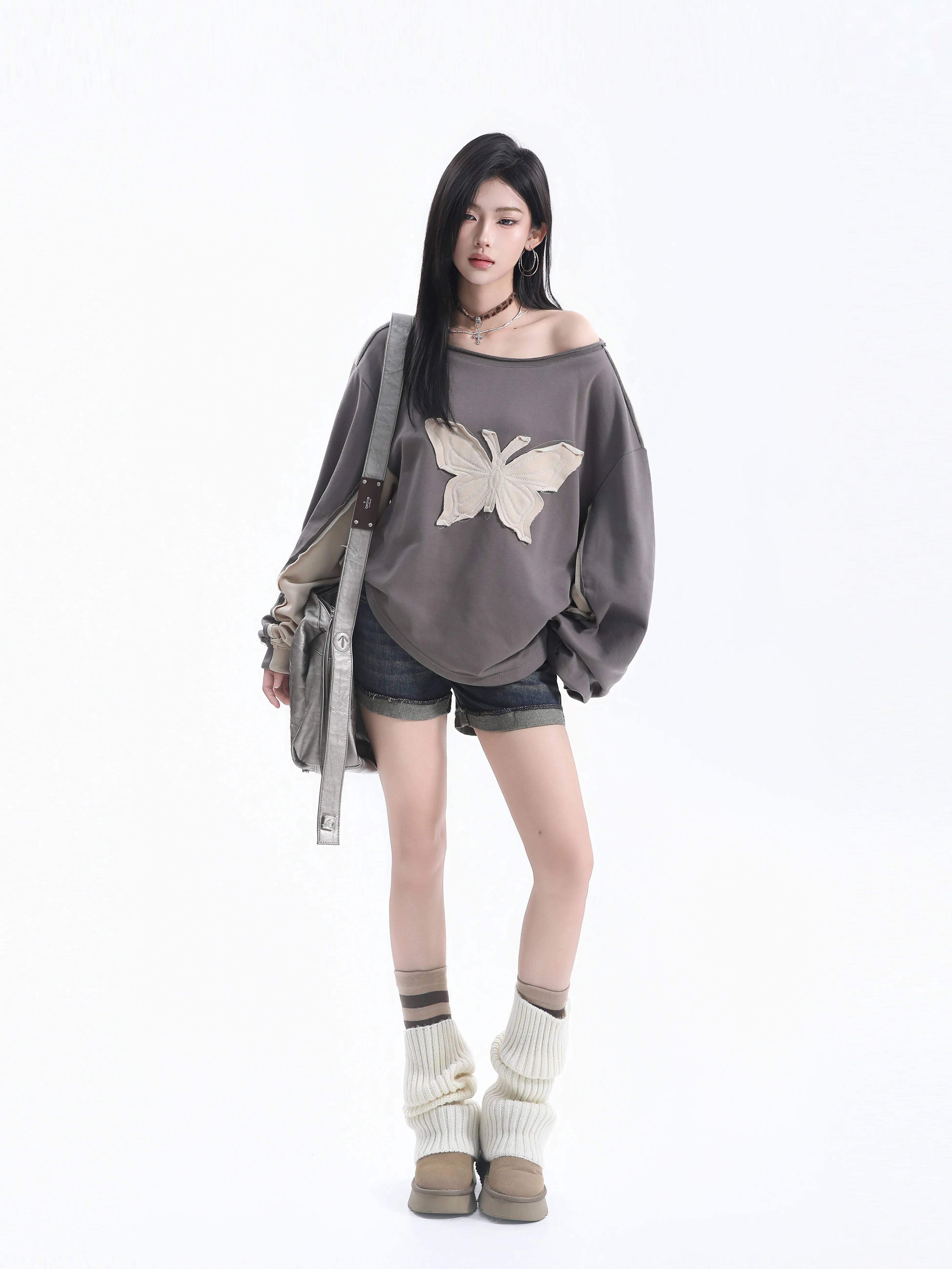 American Style Shoulder Bared Patchwork Sweatshirt Worn out Color Block Loose Lazy Style Long Sleeve Top for Women