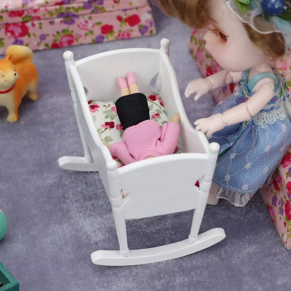 

1Pcs Mini Furniture Cradle White Premium Wood Tiny House Accessory Small Rocking Cradle for Kids DIY Miniature Home Decoration