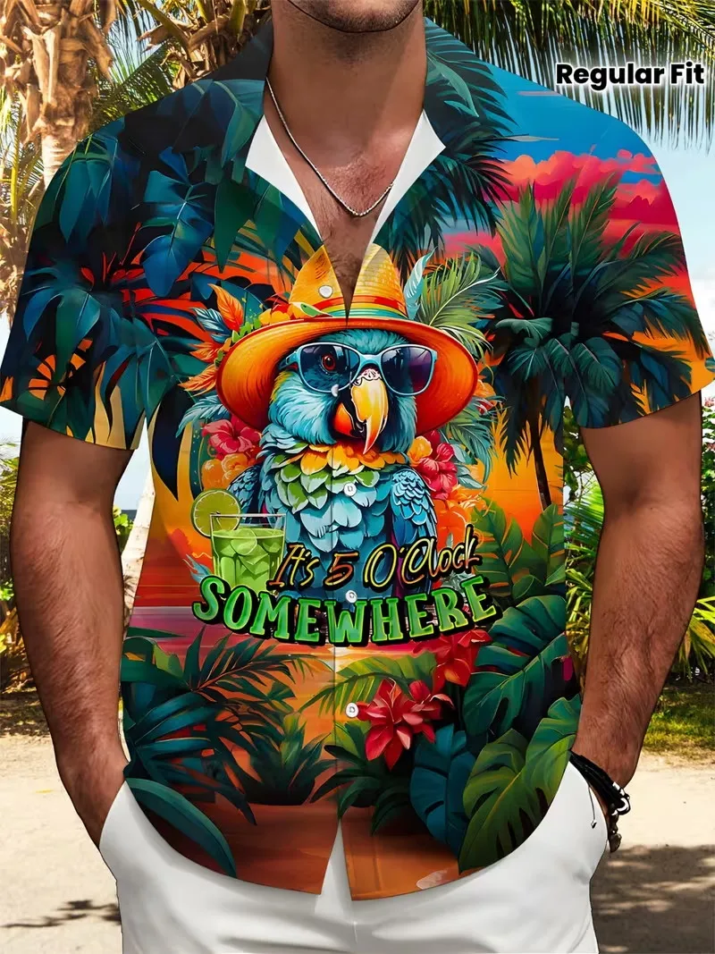 

Summer Short Sleeved Lapel Collar Coconut Tree Bird Pattern Hawaiian Shirts New Fashionable Men's Button Up Vacation Aloha Shirt