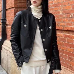 Women's Genuine Leather Jacket Autumn O-Neck Single-Breasted Pockets Belt Slim Black Versatile Short Streetwear Sheepskin Coat
