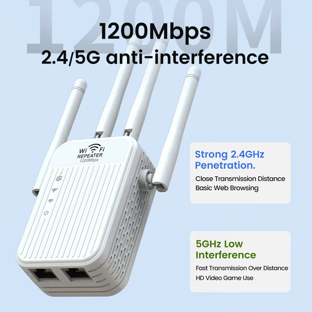 1200Mbps Wireless WiFi Repeater Dual Frequency 2.4G+5G WiFi Amplifier Router Enhances Signal Network Wi-fi Repeater for Home