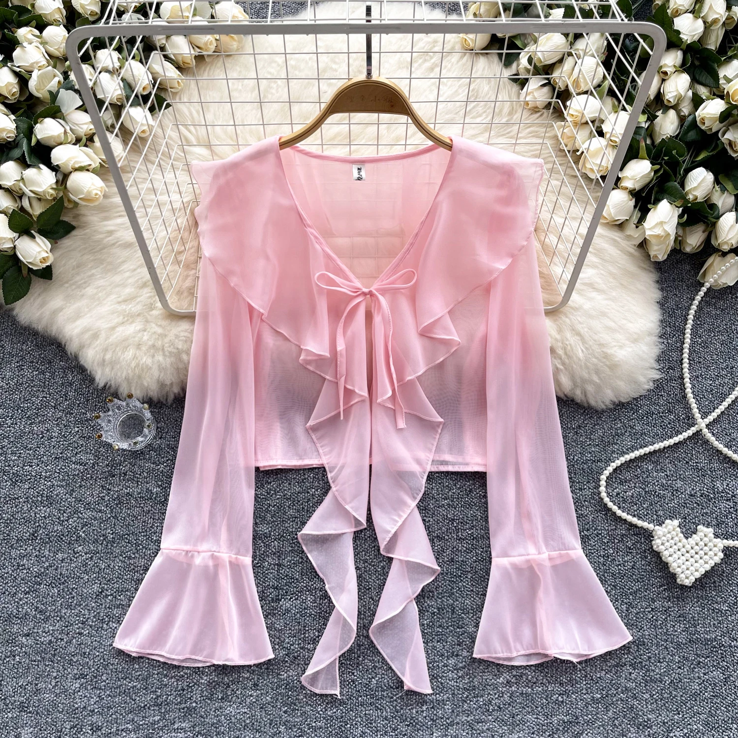 Retro lace-up ruffle Flare lool Sleeve chiffon mesh Blouse Slim Sexy Shirt Women summer Gothic sweet Fashion Top