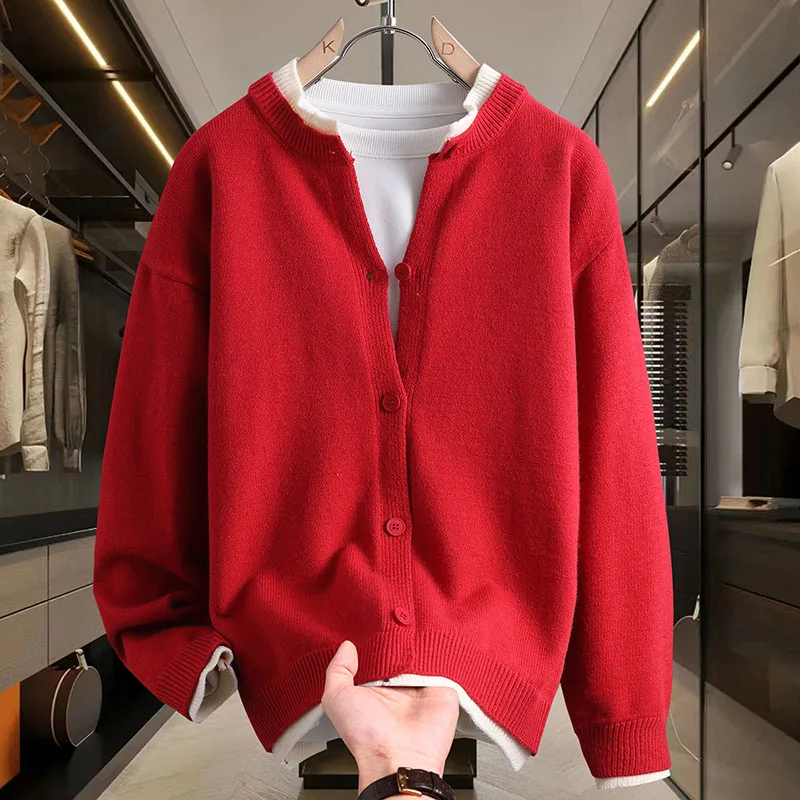 

Красный вязаный кардиган мужской, повседневный, свободный крой, верхняя одежда, высокое качество, весна-осень, полиэстер