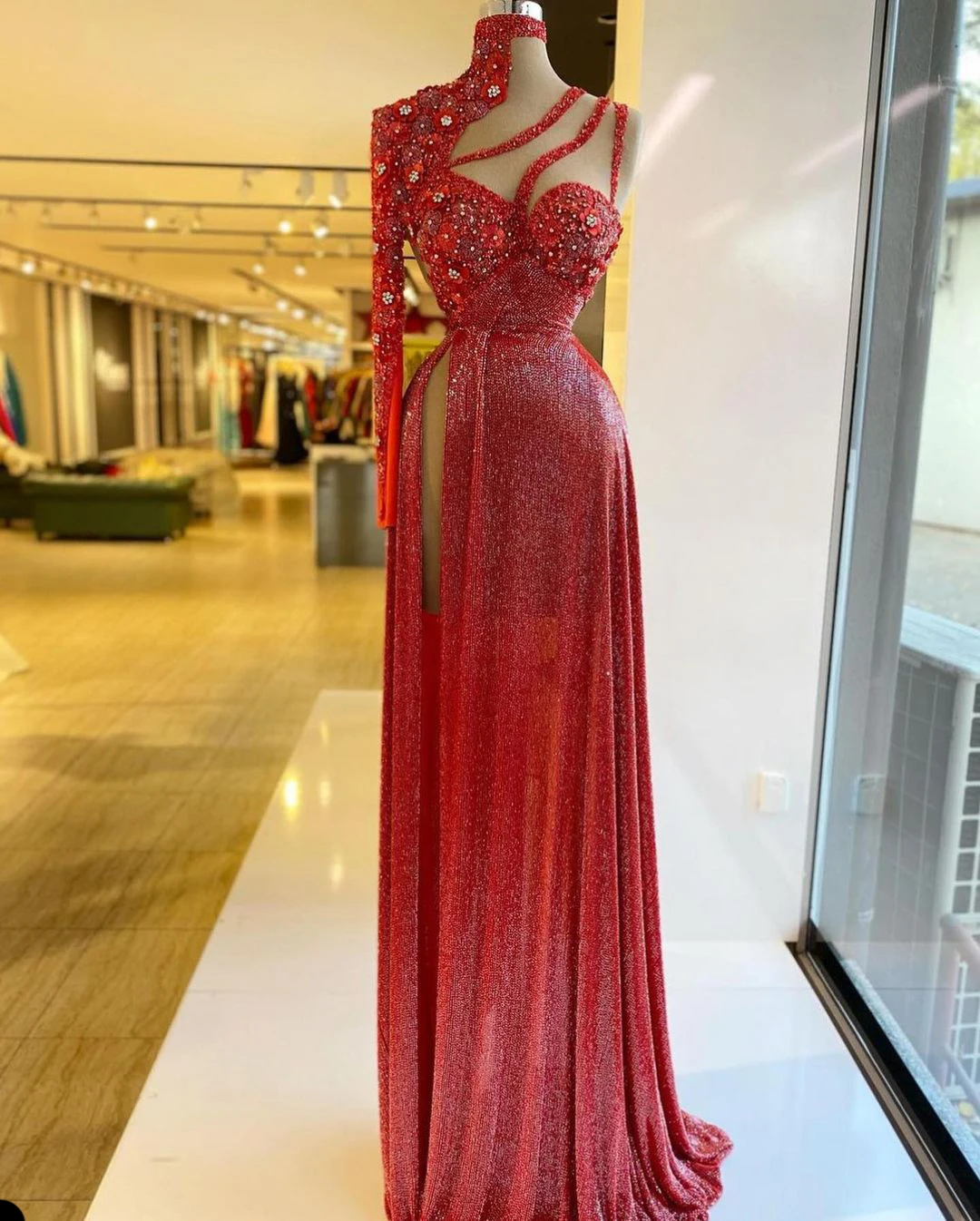 Serxy Red Beading Mermaid Evening Dresses High Split Elegant Applique Cut Out One Shoulder For Women Party Gowns