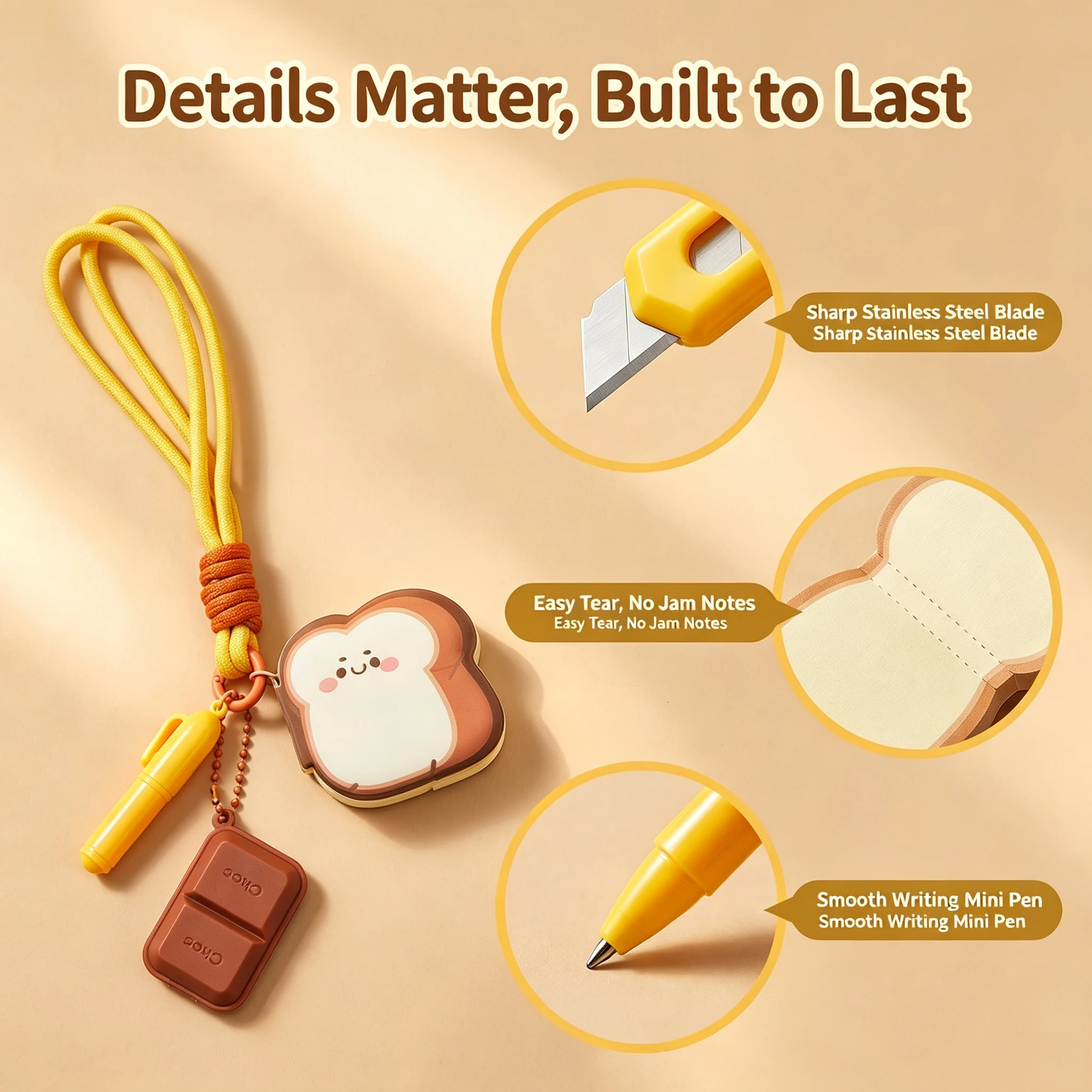 3 in1 Cute Toast Bread Keychain Stationery Set Mini Cutter Mini Pen Pocket Notepad Portable Pendant Kawaii School Office Supply