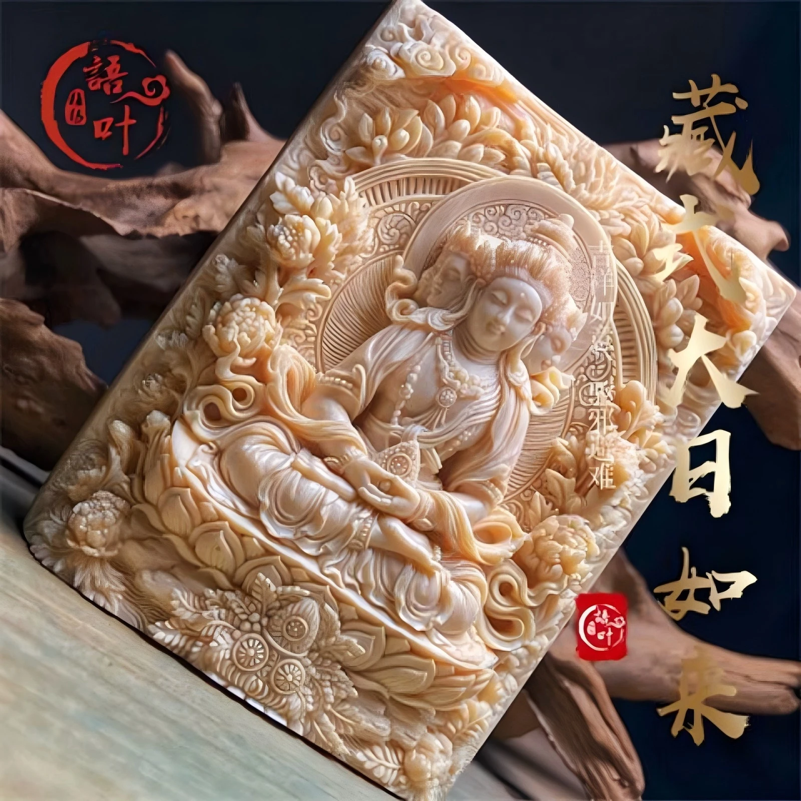 Mamut marfil tallado estilo tibetano gran sol Tathagata colgante pertenece a ovejas mono patrón del zodiaco santo hombres y muje