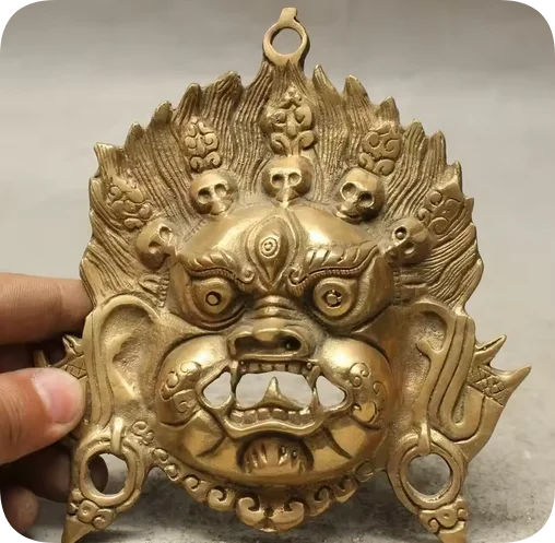 Tibet Buddhism Copper Brass Vajra Mahakala Buddha Head Mask Statue Wall Hanging