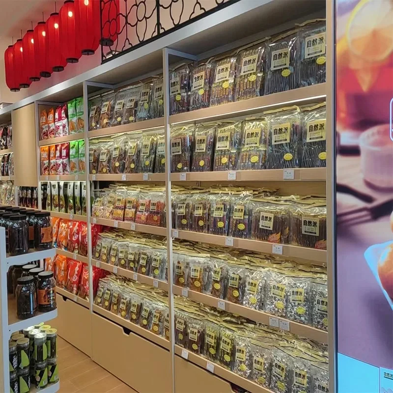 custom.Custom Steel Wood Boutique High-end Snacks Display Shelves Supermarket Convenience Shelves Display Rack