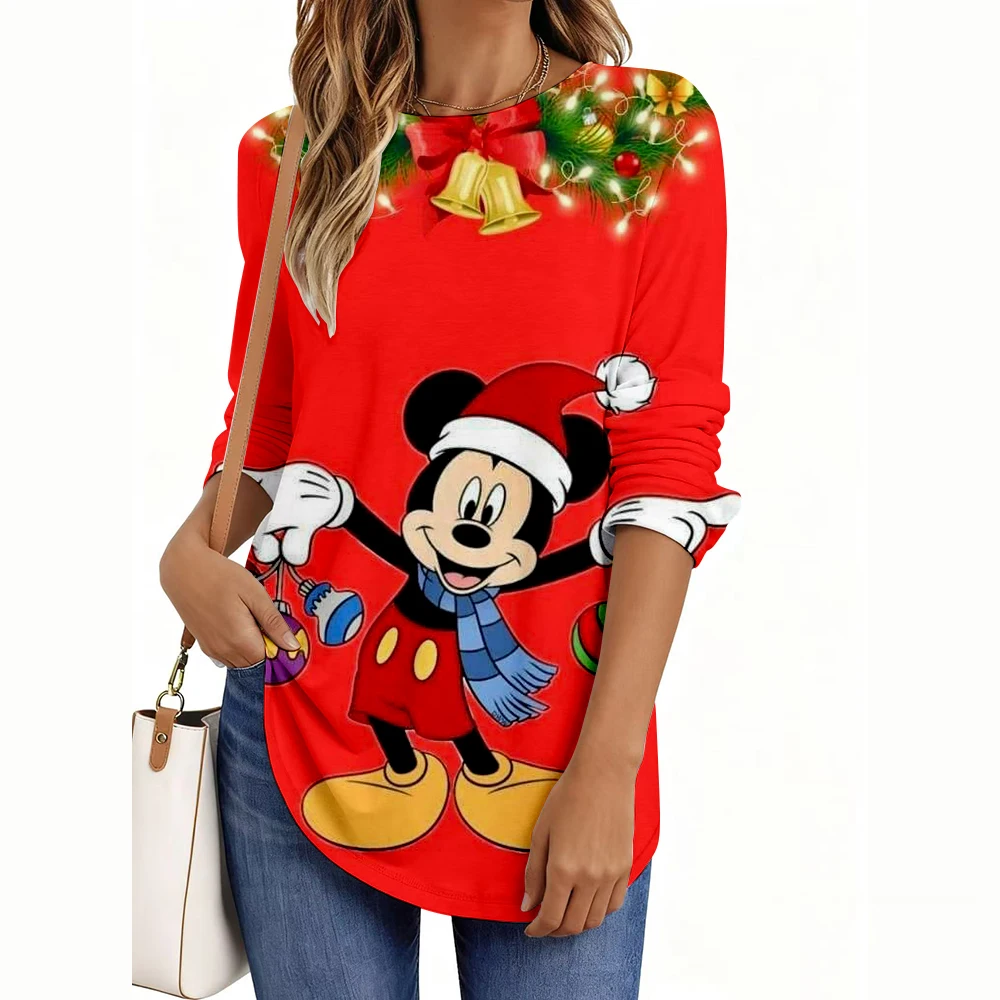 2025 レディース Tシャツ ディズニー クリスマス シリーズ プリント エレガント ファッション Tシャツ 長袖 Tシャツ O ネック レギュラー トップス カジュアル プルオーバー