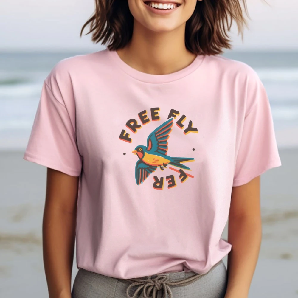 

Y2K Women‘s Clothes Cotton Casual T-Shirt Crew Neck Graphic Tees Street Wear Colorful Cute Cartoon Flying Colorful Bird