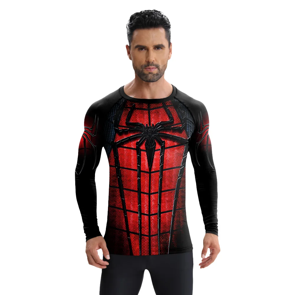 ผู้ชายชุดแมงมุมฟิตเนสวิ่งเสื้อคอสเพลย์การ์ตูนแมงมุมพิมพ์เครื่องแต่งกายเสื้อแขนยาวเสื้อบีบอัด Sportwear