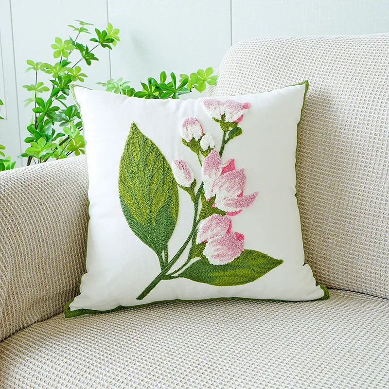 Yulan Flower Pillow Cover Embroidered Green Leaf Sofa Cushion Cover Office Waist Pillowcase Green 45x45