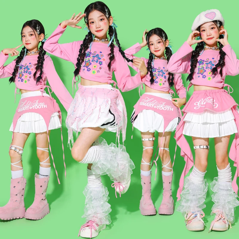 

Милые укороченные топы в стиле хип-хоп, толстовка, штаны для уличных танцев, укороченный топ для девочек, комплекты одежды K-pop, детские джазовые костюмы, детская уличная одежда