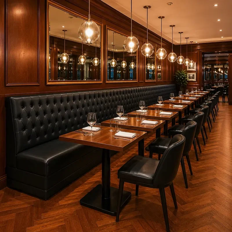 Commercial Vintage Retro Bistro Restaurant Banquette Booth Seating Wood Dining Table and Chair Hospitality Coffee Shop