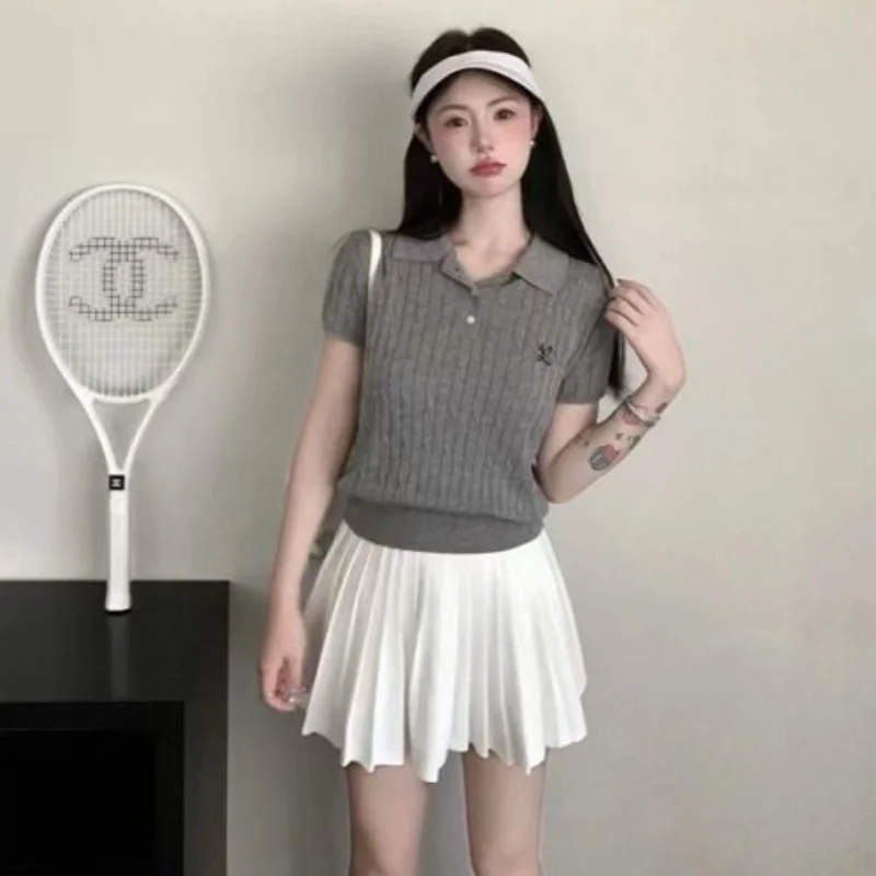 

Korean Brand Y2K Two Piece Sets High Quality Gray POLO Neck Twist Sweater Shirt Mini Pleated Skirts Summer Slim Tracksuits Women
