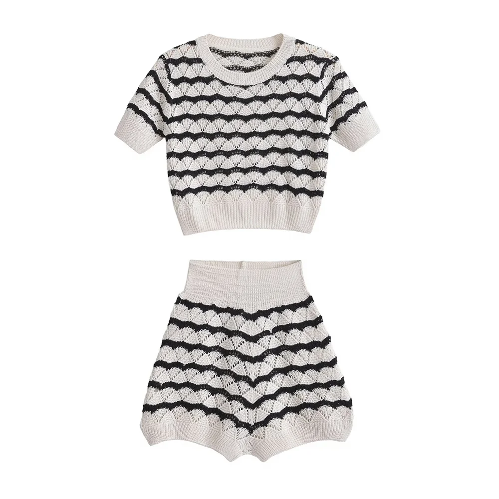 Zach Ailsa 2024 Summer New Product Women\'s Short Sleeve Pullover Short Striped Knitted Top High Waist Shorts Fashion Set