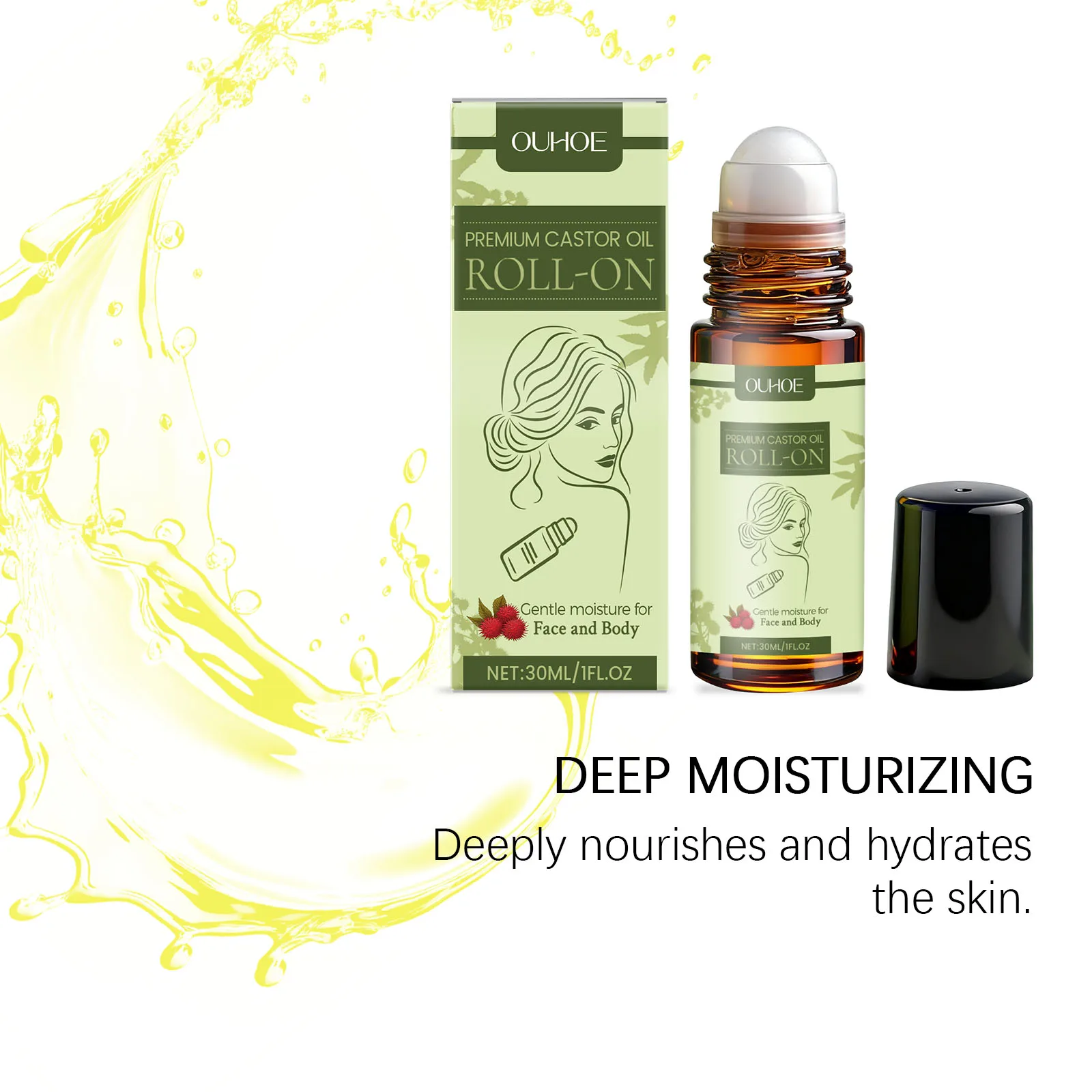 Sérum à bille roulante à l'huile de ricin, 30ml, avec glycérine et huile de ricin hydrogénée, pour une hydratation en profondeur et un soin apaisant pour la peau Non gras