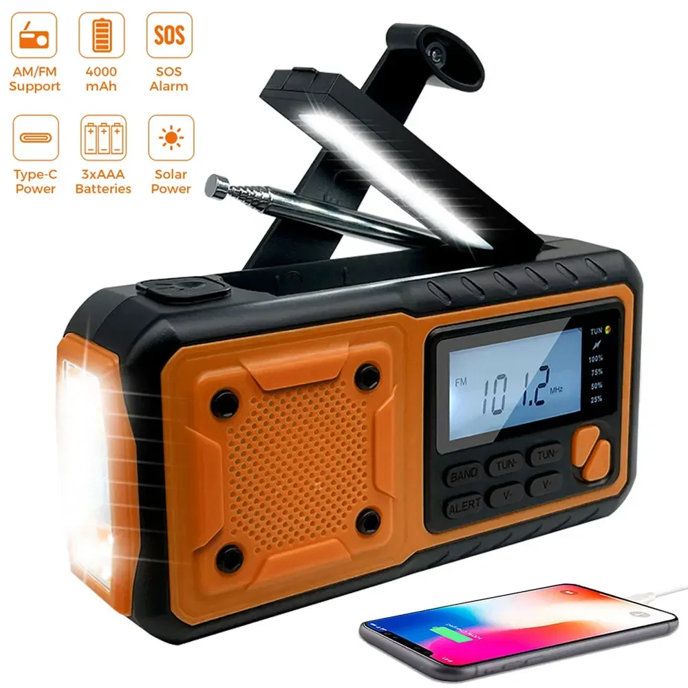

4000mAh Solar Handle, AM FM Emergency Radio, Weather Alert, LED Flashlight, Power Bank, Outdoor Camping Phone Charger