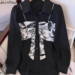 Fake Two Women Shirts 2024 Camisas De Mujer Long Sleeve Patchwork Print Blouses Beading Fashion Korean Blouse Tops Female 27y433