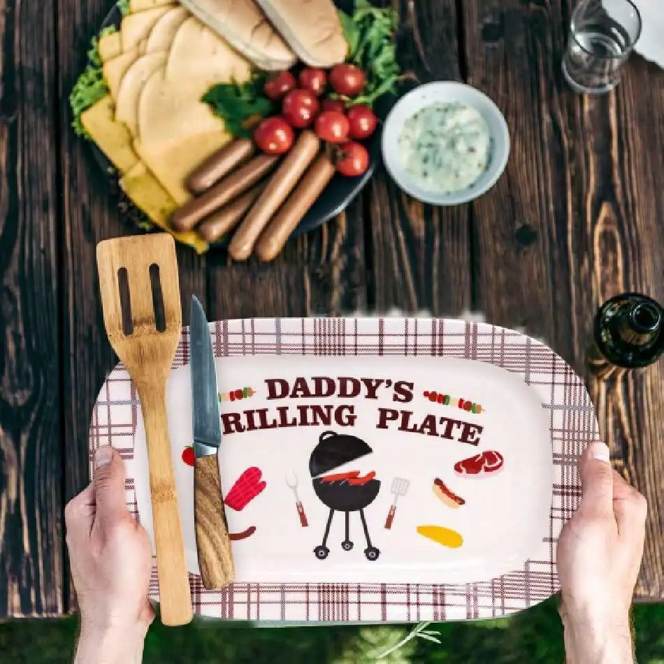 

Father's Day Grill Plate Daddys Grilling Platter Dad Gift Barbecue Serving Tray Dishes Men Grandpa BBQ Plaid Holiday Birthday Gifts