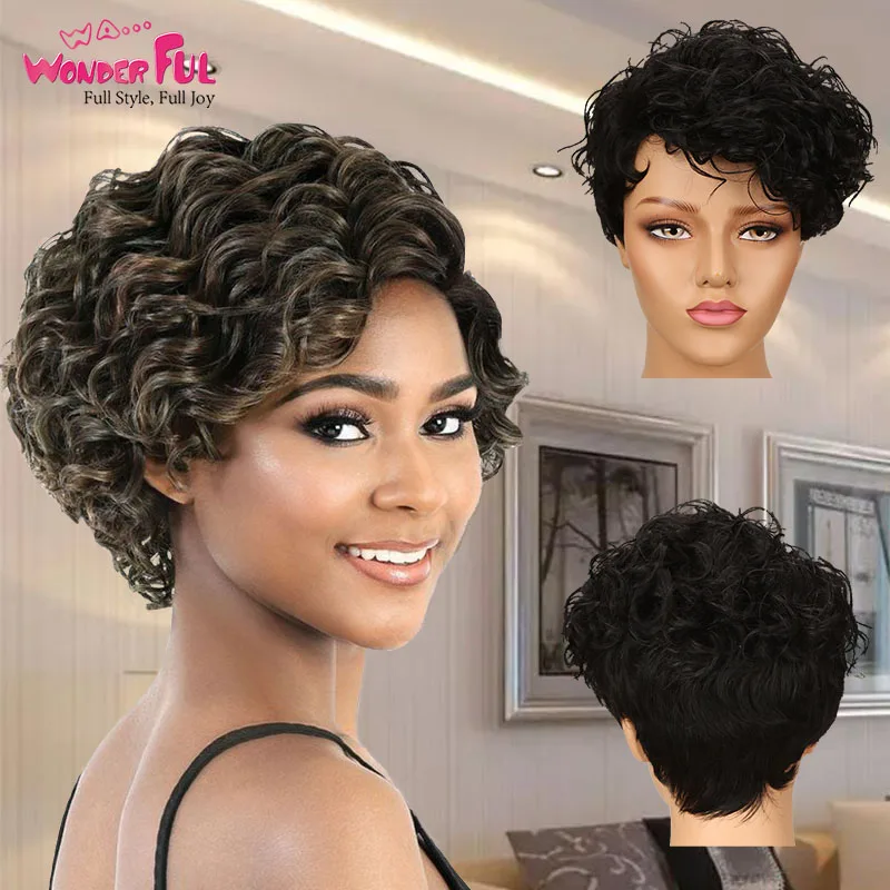 Pixie cut wig Short Wavy Wig Brazilian Remy Human Hair Wigs For Black Women Mix Brown Red Wine Colored Short Human Hair Wigs