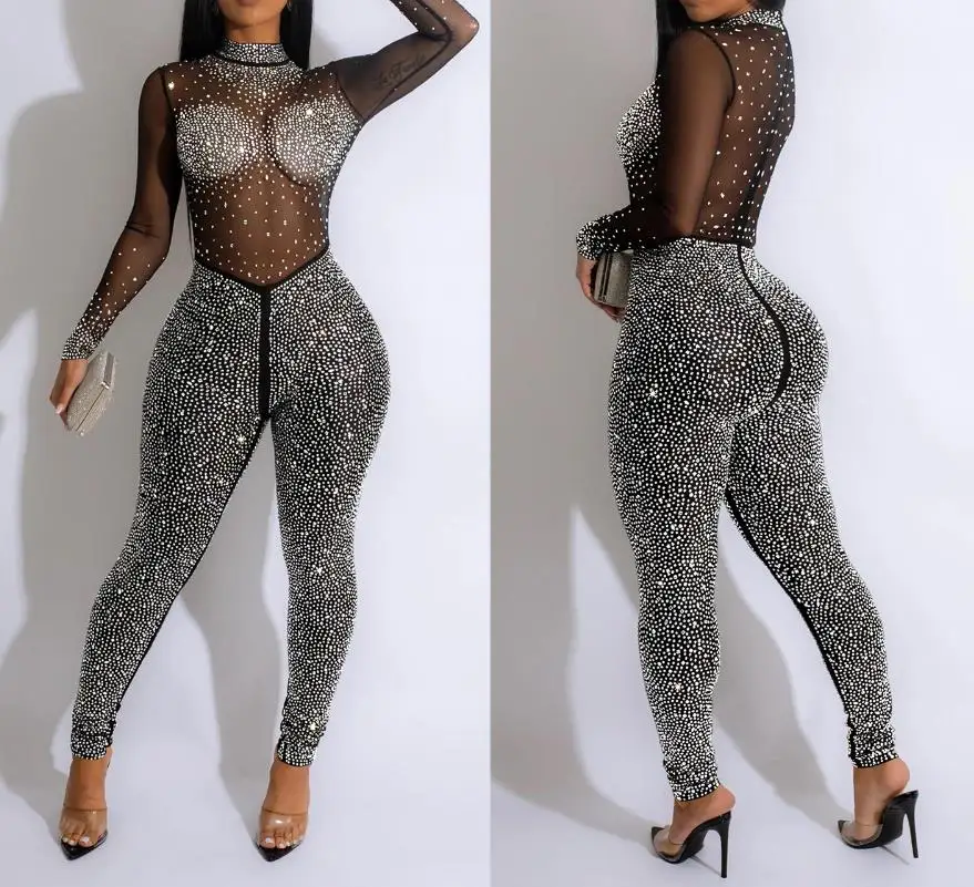 

Jumpsuits Women 2023 Autumn Sexy Party Solid Mesh Diamond Fashion Long Sleeve Pants Jumpsuit Clubwear Female Overalls Streetwear