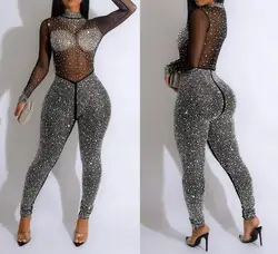 Jumpsuits Women 2023 Autumn Sexy Party Solid Mesh Diamond Fashion Long Sleeve Pants Jumpsuit Clubwear Female Overalls Streetwear