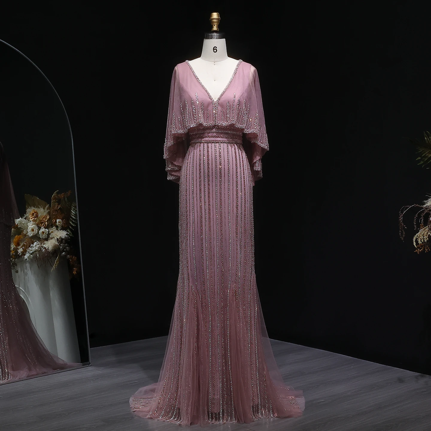 

Sharon Said Luxury Pink Mermaid Dubai Evening Dresses with Cape Elegant V-Neck Women Wedding Formal Party Gown SS284 Customized