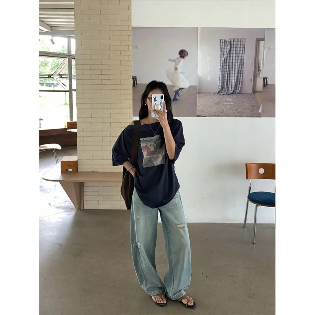 

Women's Korean Irregular Wear Design Machete Jeans Loose Slimming Fashionable Pants