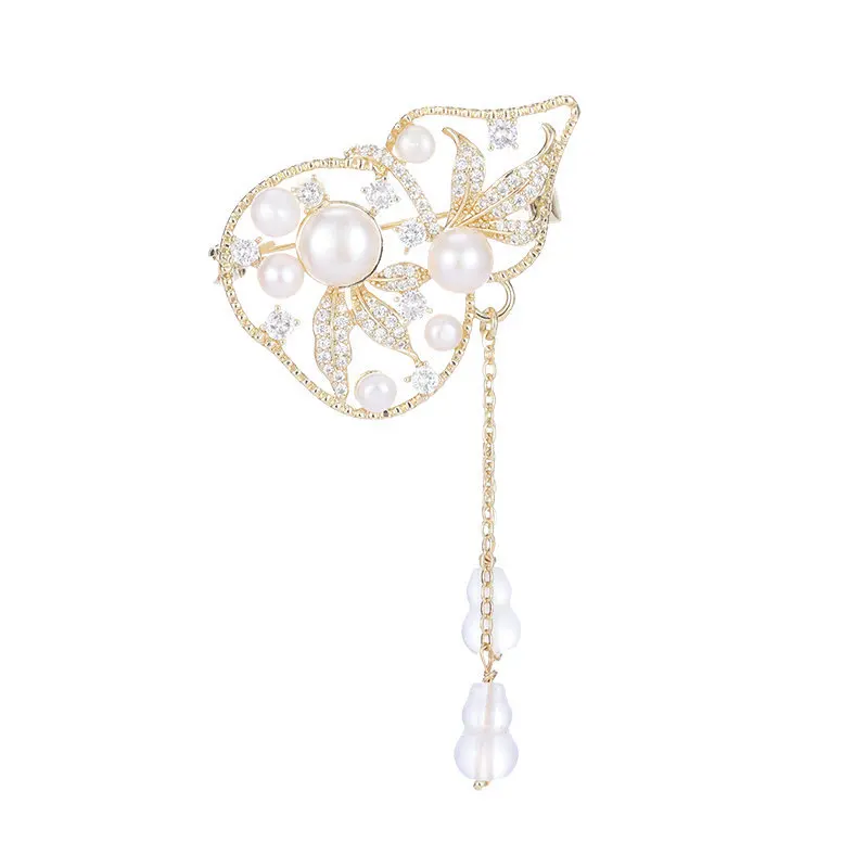 Spilla cheongsam elegante e raffinata da donna, perle d'acqua dolce e spilla con zucca fortunata