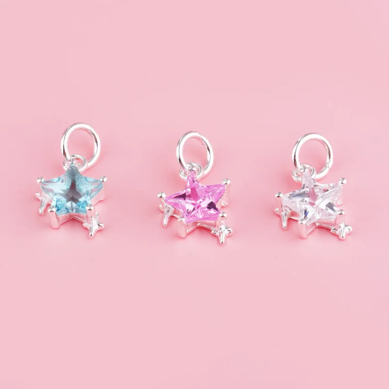S925 sterling silver set with pink, blue and white zircon five-pointed star pendant, DIY beaded bracelet, necklace and earrings