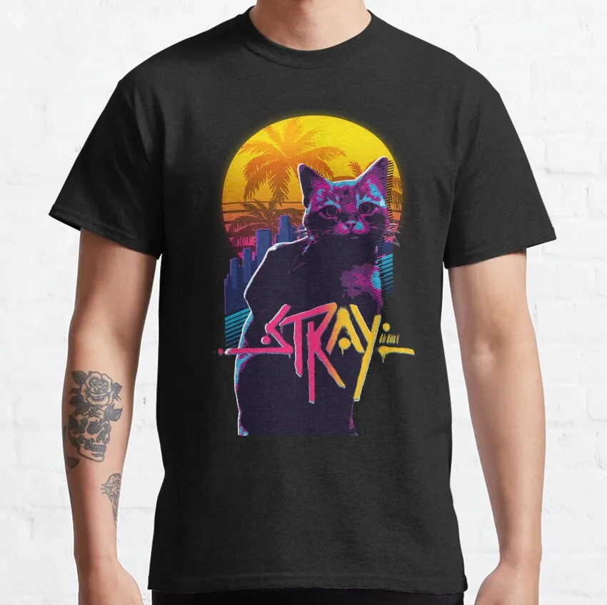 Stray Video Game Cat Graphic T‑Shirt 40503 Cotton Short Sleeve Tees Cyberpunk Stray Cat Print Casual Streetwear Gamer Fan Tops