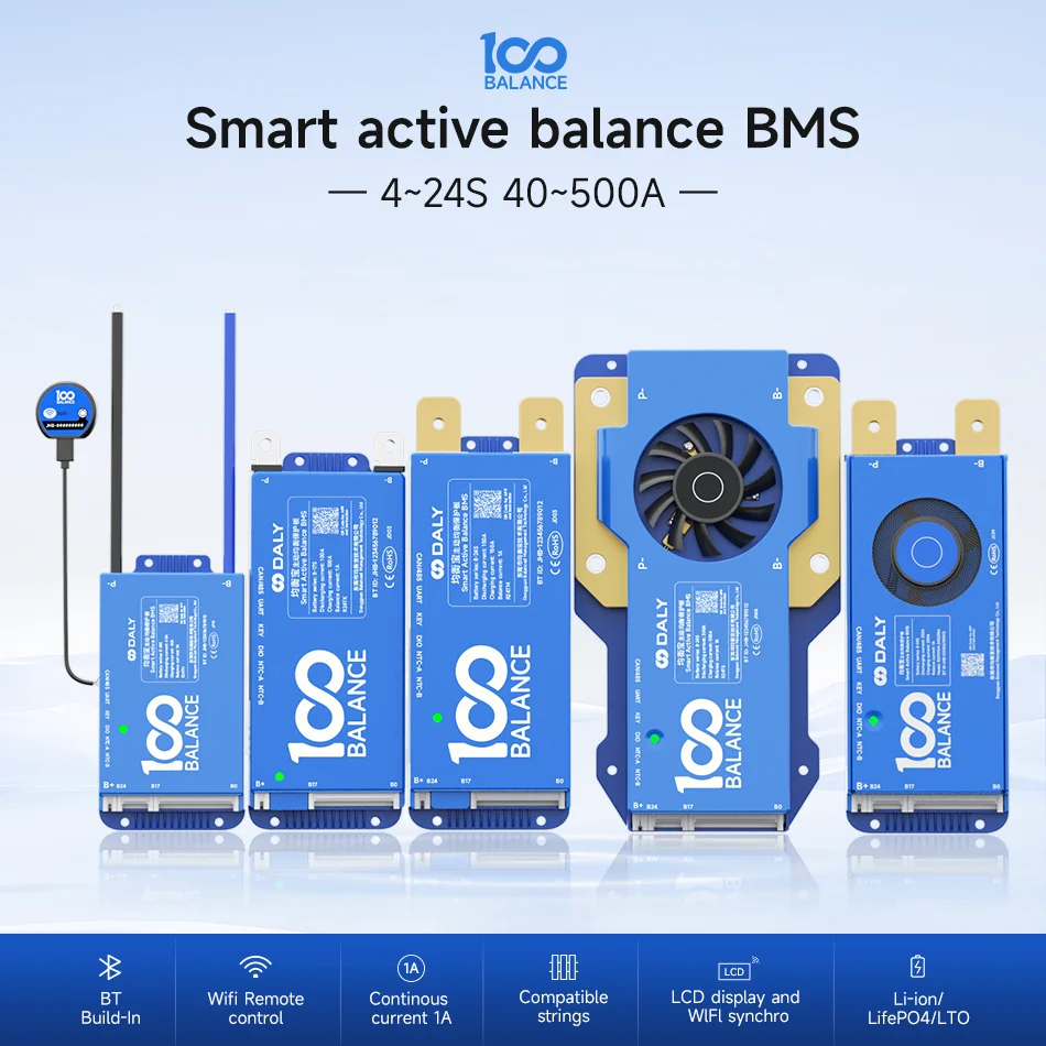 DALY 100 BALANCE smart active balance bms 40A-500A 4s-8s 8S-17 8-24S 12v 24V 48V LCD Li-ion lifepo4