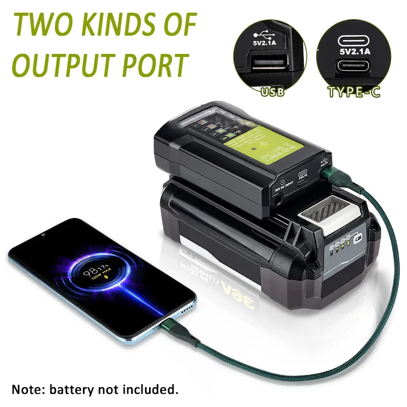 Caricabatterie adattatore per utensili elettrici con luce da lavoro a LED per batteria agli ioni di litio RYOBI 36-40V con uscita USB Type-C 5V 2.1A
