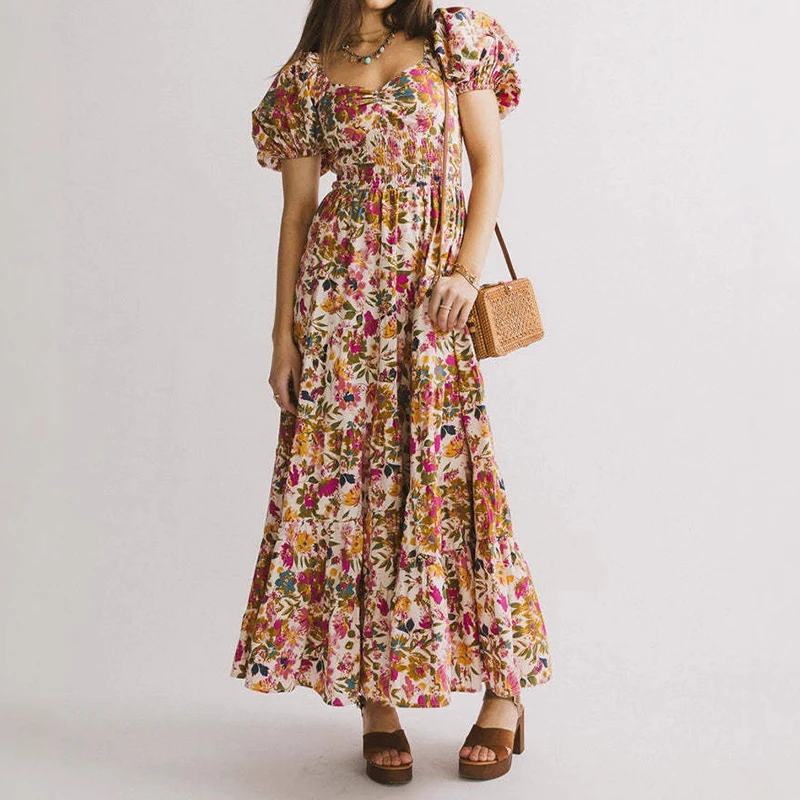 Mulheres verão gola quadrada vestido de férias 2025 chique floral impressão feminino vestido longo francês elegante puff manga balanço a linha vestido