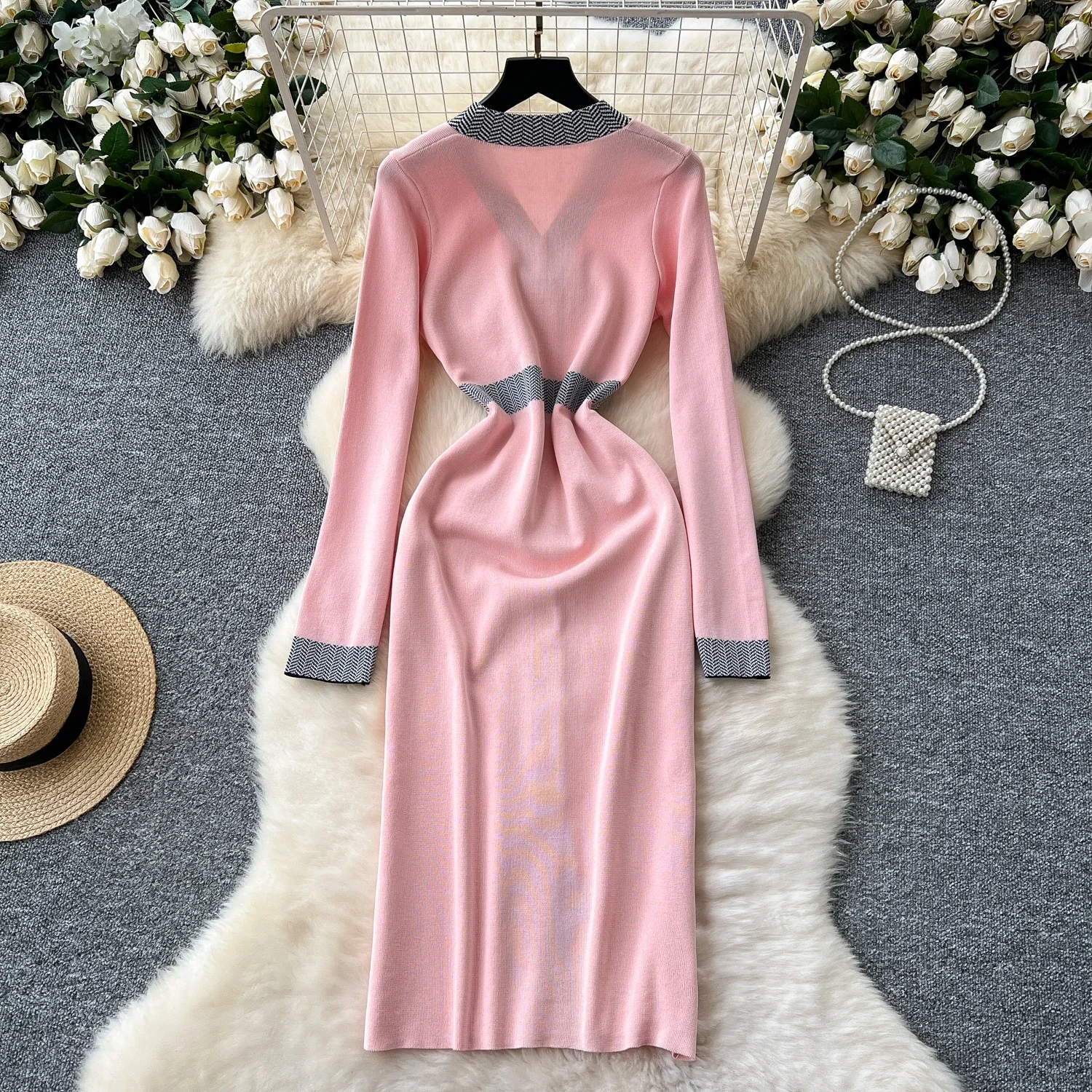 Gagarich Dress Women Autumn Winter New French Retro V-neck Color Blocked Waist Cinching Slim Paired Split Hair Vestidos