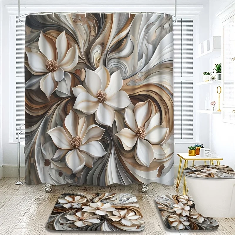 

4pcs Champagne Grey Floral Design Shower Curtain And Liner Set, Home Decor Curtains, Shower Carpet for Bathroom, Bathroom Fami