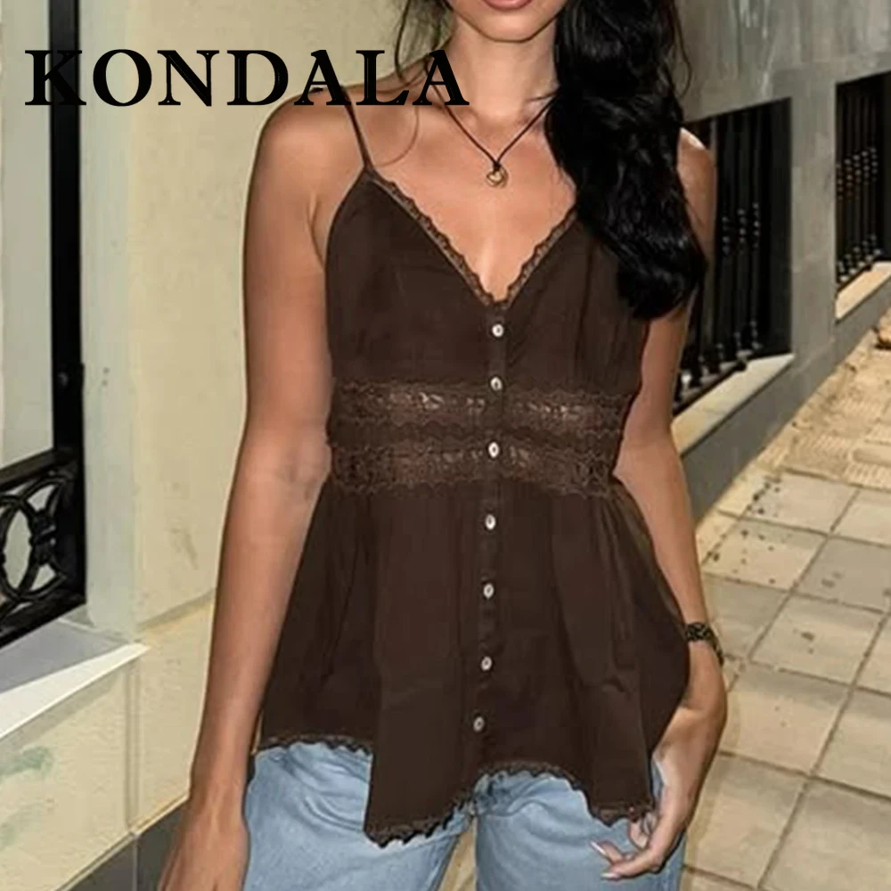 

KONDALA Chic 2025 кружевной сексуальный женский топ на пуговицах с открытой спиной летний жилет модный мини тонкий вечерние повседневные топы на бретельках Y2K коричневый Mujer