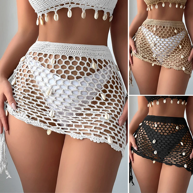 Stylish Style Handmade Crochet Side Drawstring Bikini Cover-Ups Women Beach Outing Vacation Hollow Out Skirt With Seashells